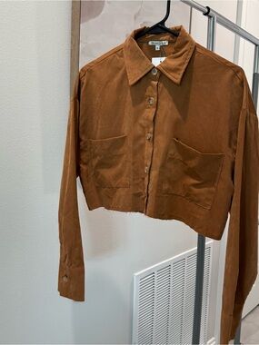 Mimosa Cropped Button-Down Shirt Jacket in Rust Brown